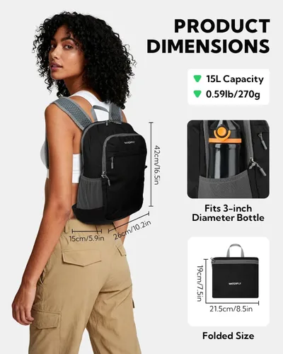Miniatura 3 de WATERFLY Mochila pequeña y ligera y plegable: 15L Mini mochila de senderismo plegable - Mochila de día compacta ultraligera para mujeres y hombres