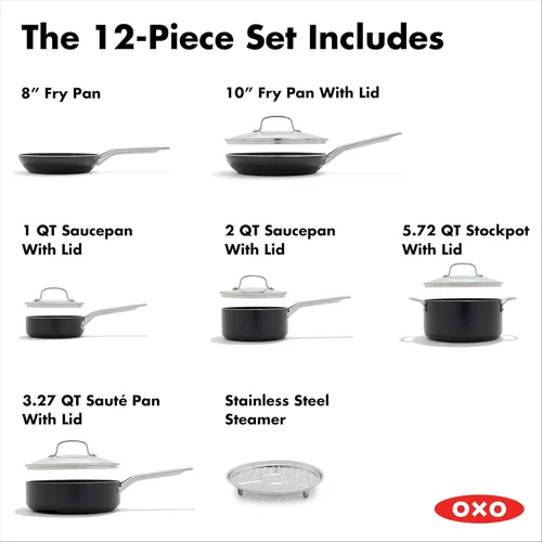 Miniatura 3 de OXO Agility Series - Juego de ollas y sartenes de 12 piezas antiadherentes de cerámica sin PFAS, inducción, sartenes, cacerolas, tapas, calefacción