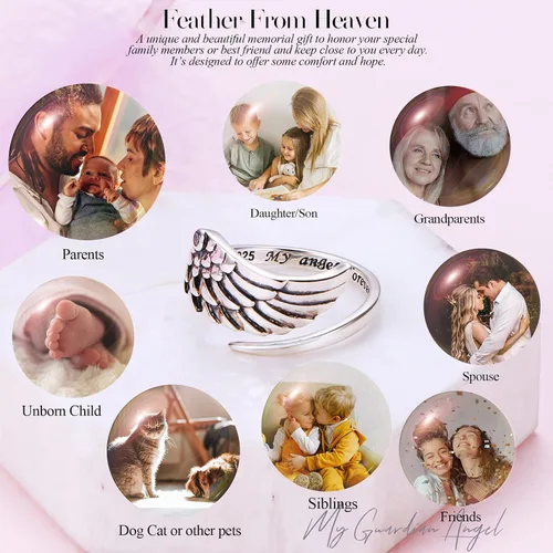 Miniatura 4 de Ladytree Alas de ángel de la guarda de plumas de plata de ley conmemorativa ajustables para el pulgar abierto, joyería para mujeres y hombres