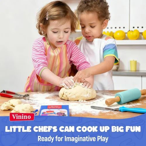 Miniatura 6 de Vinino Juego de 11 piezas para hornear y cocinar para niños, utensilios de hornear reales con libros de cocina para niños, accesorios de cocina