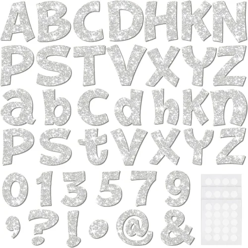 Miniatura 17 de Colarr 144 letras con purpurina para tablero de anuncios para el aula, números, símbolos de puntuación, letras troqueladas de 4 pulgadas con punto