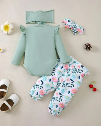 Miniatura 82 de SUNNY PIGGY Ropa para bebé recién nacida, con volantes, mameluco de algodón floral, conjunto de pantalones de algodón para niñas