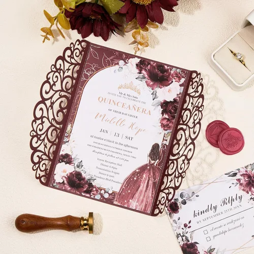 Miniatura 2 de 50 invitaciones de boda, invitaciones personalizadas cortadas con láser con sobres y tarjetas RSVP para quinceañera, despedida de soltera, baby