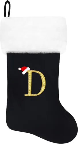 Miniatura 213 de Calcetines de Navidad bordados de 20 pulgadas con monograma, terciopelo negro con puño de felpa blanca supersuave, adornos clásicos para decoración