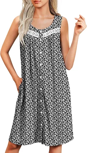 Ekouaer Camisones para mujer, con botones, sin mangas, suave, con bolsillos, tallas S-XXXL