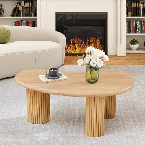 Miniatura 9 de Mesa de centro acanalada, mesas de centro de granja de 39 pulgadas para sala de estar, mesa central de madera baja, mesa de té pequeña con base