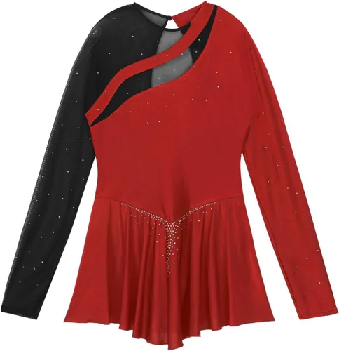 Miniatura 5 de Disfraz de baile lírico para mujer, manga larga, malla, vestido de patinaje artístico, espalda descubierta, leotardo de ballet