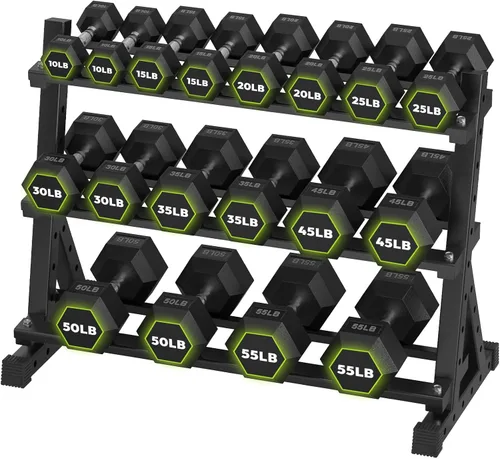 Miniatura 11 de HANDBODE Juego de mancuernas hexagonales con estante, 290-670 lb juego de mancuernas de ejercicio y fitness con revestimiento de goma, peso de mano