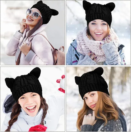 Miniatura 7 de SATINIOR Lindo gorro de punto con orejas de gato, gorro de punto de invierno para mujeres y niñas
