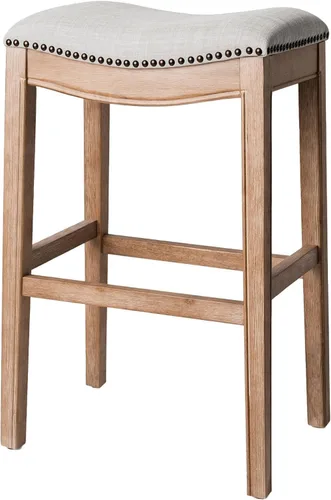 Miniatura 27 de Maven Lane Adrien Taburete de bar sin espalda, asiento de silla de montar de 31 pulgadas con reposapiés, marco de madera maciza gris y tapicería