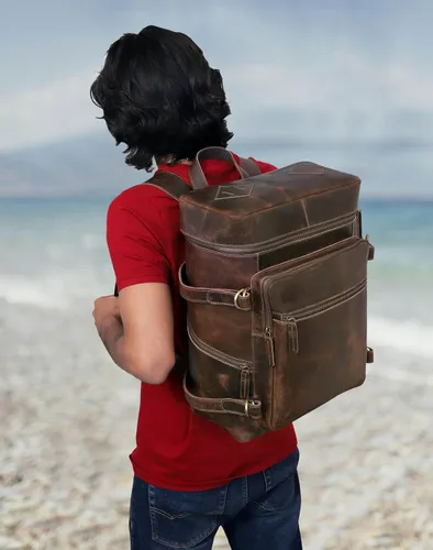 Miniatura 5 de HLC Mochila de cuero genuino para computadora portátil para hombres y mujeres, mochila genuina de gran capacidad, para negocios, retro, viajes