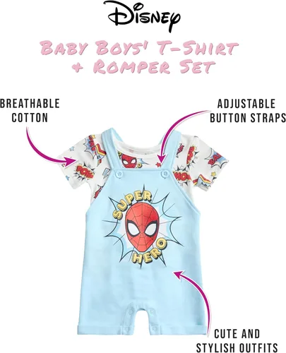 Miniatura 2 de Disney Conjunto de pantalones cortos para bebé, 2 piezas de Spiderman Mickey Mouse Cars Winnie the Pooh, conjunto corto de camisa corta (0-3M-24M)