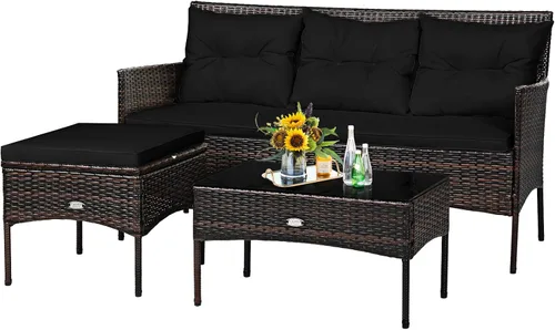 Miniatura 14 de Tangkula juego de sofá de esquina para patio de 3 piezas, juego de sofá de ratán para exteriores, incluye chaise lounge, sofá doble y mesa auxiliar