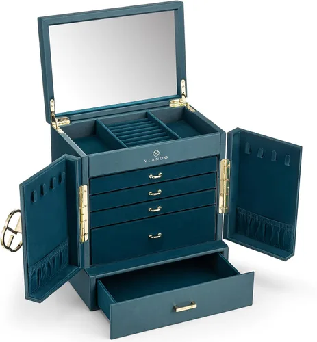 Miniatura 8 de Vlando Joyero grande, cajas de joyería y organizadores de 6 niveles, estuche de almacenamiento de joyas con espejo con 5 cajones, reloj de piel