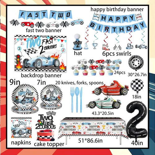 Miniatura 4 de Dos decoraciones de cumpleaños de 2º cumpleaños de auto de carreras rápidas, incluyen plato, taza, servilleta, telón de fondo, pancarta, mantel