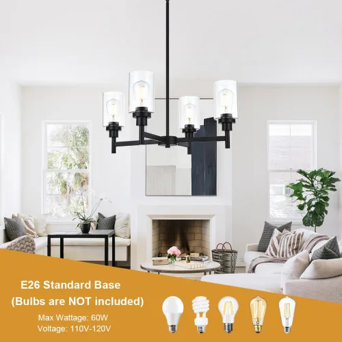 Miniatura 6 de Lámpara de araña de cristal de 4 luces estilo granja, negra, para cocina, iluminación colgante con cilindro de cristal transparente para comedor
