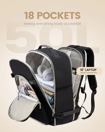 Miniatura 3 de LOVEVOOK Mochila de viaje de 50 L para mujeres y hombres, impermeable, aprobada por aerolíneas, equipaje de mano, artículos esenciales de viaje