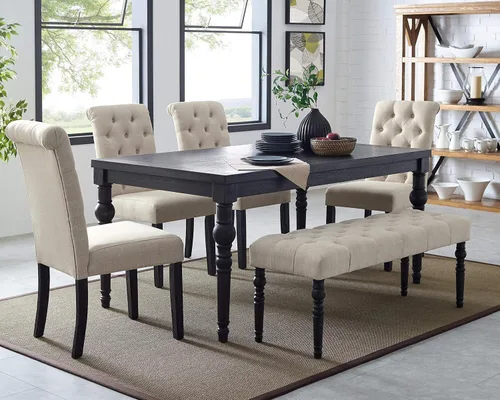 Miniatura 11 de Roundhill Furniture Leviton Urban Style - Juego de comedor de madera lavada oscura: mesa, 4 sillas y banco, gris