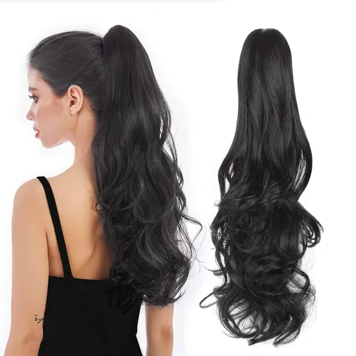 Miniatura 31 de Extensión de Cola de Caballo, Extensión de Cabello con Garra Larga de 20", Piezas de Cabello Sintético Ondulado Liso con Clip en Peluca de Cola