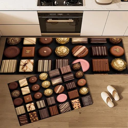 Miniatura 4 de 3D Chocolate Patchwork Kitchen Mat Set of 2 Pcs, Non Slip Kitchen Rug Brown, Retro Geometric Washable Absorbent Floor Mat Runner Rug, Cushioned