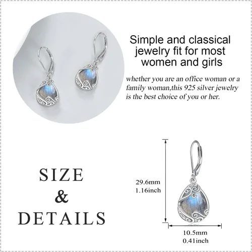 Miniatura 148 de Aretes colgantes con forma de lágrima de filigrana de piedra lunar de plata de ley 925 con cierre de palanca para mujer, regalos de joyería
