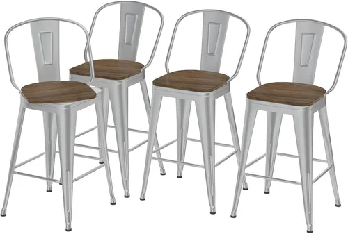 Miniatura 10 de Juego de 4 taburetes de bar giratorios de 24 pulgadas, taburetes de bar industriales con patas de metal resistentes, taburetes de bar con respaldo