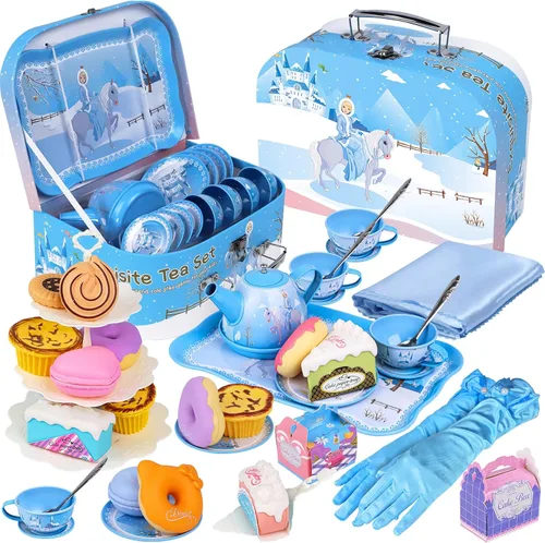 PRE-WORLD Juego de fiesta de té para niñas pequeñas, 46 piezas de juguetes de princesa para la hora del té, incluyendo postre, galletas, dona,