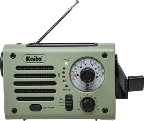 Miniatura 2 de Kaito KA380 Radio de emergencia y altavoz Bluetooth portátil - Radio meteorológica AM/FM NOAA recargable con panel solar y manivela verde militar