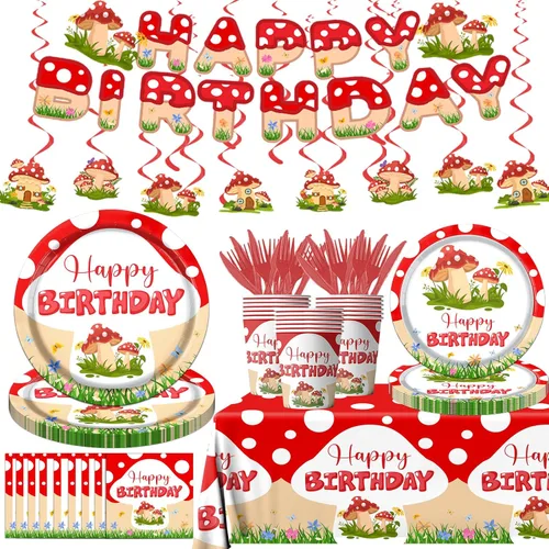 Decoraciones de cumpleaños de hongos, 150 piezas de vajilla de fiesta temática de hongos, incluye platos, servilletas, mantel, espirales colgantes