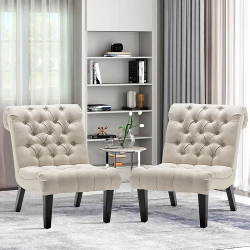 Miniatura 9 de Silla decorativa moderna para dormitorio, sala de estar, silla lateral tapizada con botones y sin brazos con patas de madera maciza, tela crema