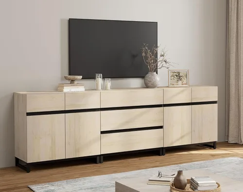 Miniatura 13 de WAMPAT Moderno soporte de TV para televisores de hasta 100 pulgadas, consola de TV 3 en 1 con estantes ajustables y 3 cajones, consola multimedia