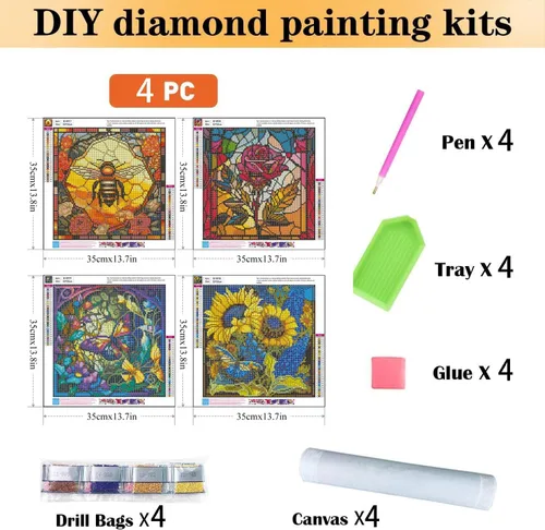 Miniatura 2 de Paquete de 4 kits de pintura artística de diamantes para adultos, vidrieras de perforación completa de puntos de diamante para principiantes