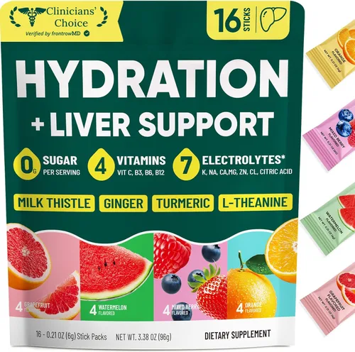 Paquetes de hidratación Venture Pal + apoyo al hígado - Polvo de electrolitos líquidos diarios IV con 7 electrolitos y 5 vitaminas, cardo mariano +