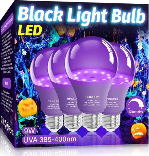 Miniatura 8 de Gonhom Paquete de 2 bombillas LED negras A19, regulables de 9 W (equivalente a 100 W), base E26 de 110 V, nivel UVA 385-400 nm, brilla