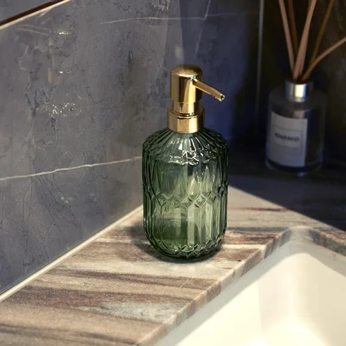 Miniatura 8 de Dispensador de jabón de vidrio Botella verde Bomba de plástico dorado Fregadero de cocina recargable Encimera Dispensador de platos de mano