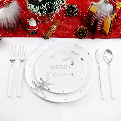 Miniatura 5 de WDF 50 platos de plástico plateado de Navidad, platos de plástico con copos de nieve, platos desechables blancos y plateados pesados para Navidad