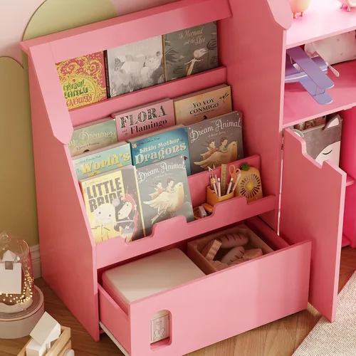Miniatura 7 de Vabches Organizador de almacenamiento de juguetes de 70 pulgadas, estantería para niños en forma de castillo con 2 cajones extraíbles, 2 gabinetes