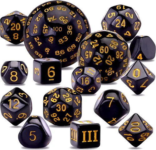 Miniatura 11 de AUSTOR juego completo de 15 dados poliédricos D3-D100 con bolsa de cuero de almacenamiento con cordón para juegos de mesa de rol (negro y blanco)
