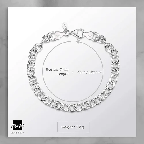 Miniatura 3 de Amberta Pulsera de plata de ley 925 para mujer, varios estilos, cadena de cable, eslabones lisosestampados, longitud de 7.5in