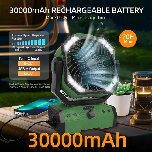 Miniatura 2 de ELZO Ventilador de campamento de 30000 mAh con luz LED, máximo 70 horas de trabajo, portátil inalámbrico, recargable, ventilador USB con gancho