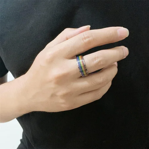 Miniatura 5 de Rotatable Rainbow Stripe LGBT Pride Band Ring for Women Men Teen Girls Couples Bff Anti Anxiety Stress Relief Fidget Spinner Ring Stainless Steel