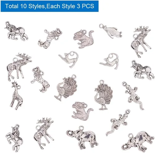 Miniatura 3 de PH PandaHall Dijes de animales de 10 estilos, 30 piezas de aleación tibetana de plata antigua, jirafa, unicornio, gato, dijes para manualidades