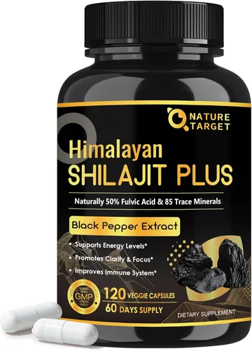 NATURE TARGET Cápsulas de Shilajit del Himalaya – 500 mg de Shilajit puro con 50% de ácido fúlvico y pimienta negra – Energía, enfoque y vitalidad –