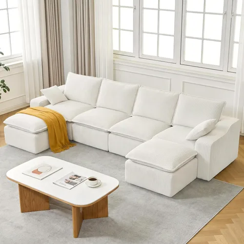 Miniatura 17 de Sofá modular sin hueso de 107 pulgadas con otomana, sofá modular de pana con asiento profundo tapizado, moderno sofá modular con tumbonas