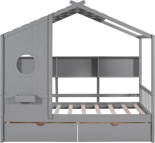 Miniatura 4 de MERITLINE Montessori - Cama de casa de tamaño individual con 2 cajones y estantes de almacenamiento, marco de cama de madera para niños, tienda