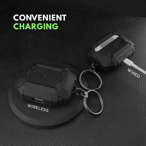 Miniatura 5 de elkson Compatible con AirPods Pro 2 1, funda segura con llavero rígido, parachoques de fibra de carbono, cuerpo completo, a prueba de golpes