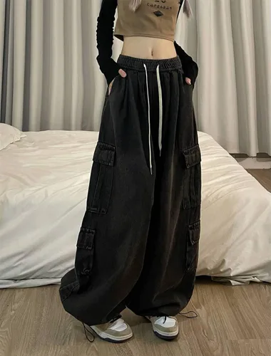 Miniatura 5 de Pantalones de mezclilla holgados Grunge Y2K Emo Alt Cargo Pant Fairycore Demin Aesthetic Jogger Pantalones de chándal Hiphop Cordón Streetwear