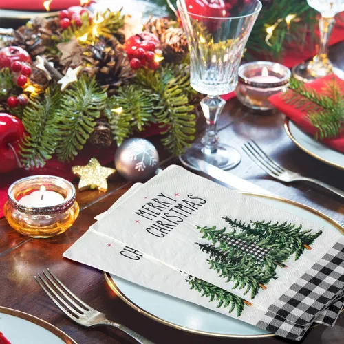 Miniatura 7 de 100 Piezas Servilletas de Navidad a Granel Navideñas Toallas de Mano de Papel Desechables para Invitados Servilletas de Cóctel con Árbol de Navidad