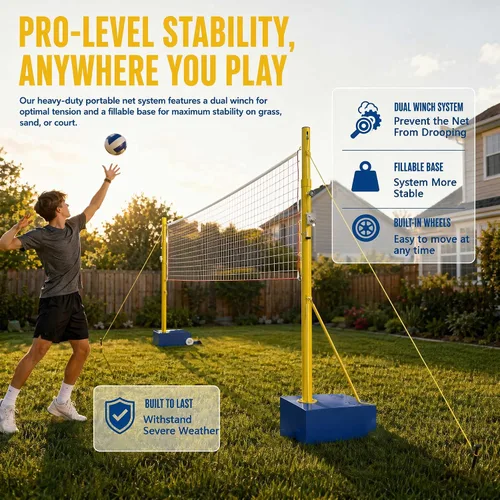 Miniatura 2 de Red de voleibol con postes, postes de voleibol resistentes para patio trasero, con estacas de metal y cuerda resistente al viento, altura ajustable