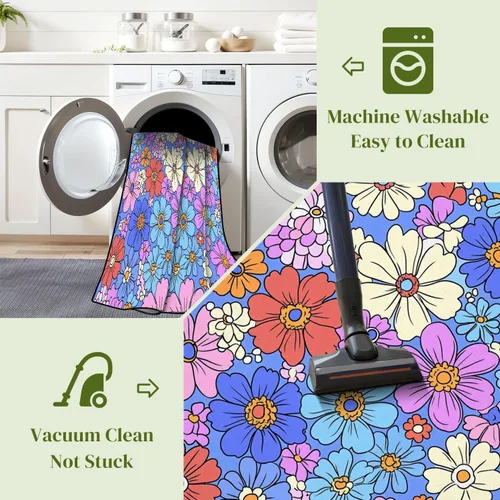 Miniatura 5 de Alfombra colorida estilo retro de los años 60 y 70 dibujada a mano, floral, lila, púrpura, flores, alfombra de juego para exteriores, alfombra